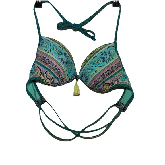 Boho Shade & Shore 36C Bikini Top Tie Back Beaded Tassel Paisley Turquoise - Picture 2 of 9